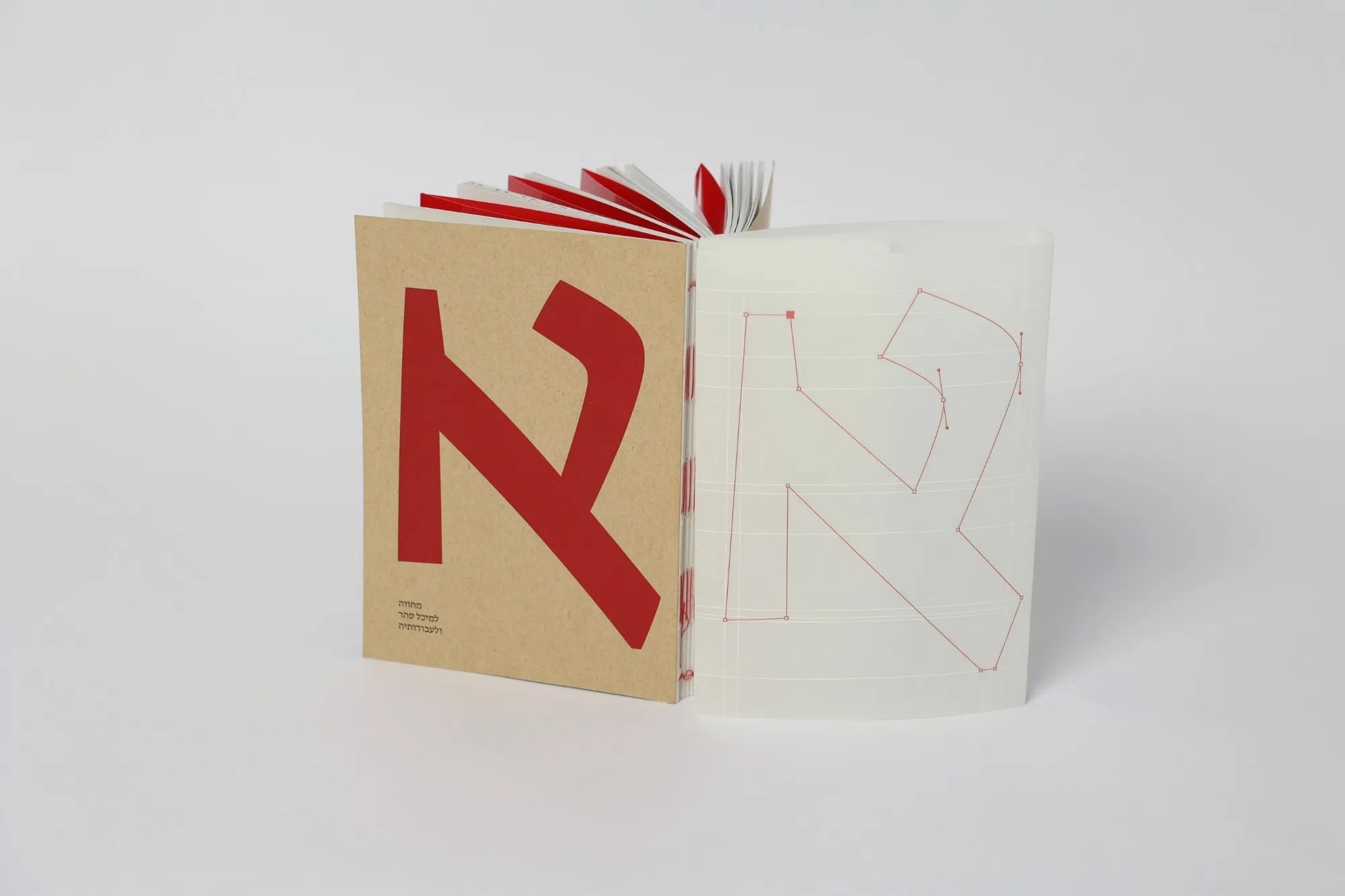 The catalogue standing upright, its kraft cover printed with a large red Aleph, the translucent jacket lifted away from it