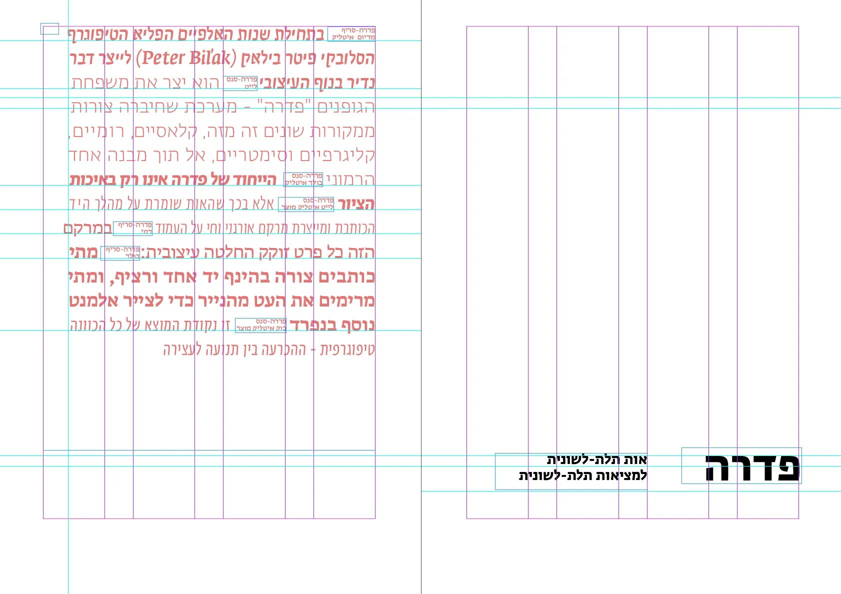 The Fedra chapter opener in InDesign: a page of running text in red in several weights of Fedra, each labelled, and opposite it the name Fedra