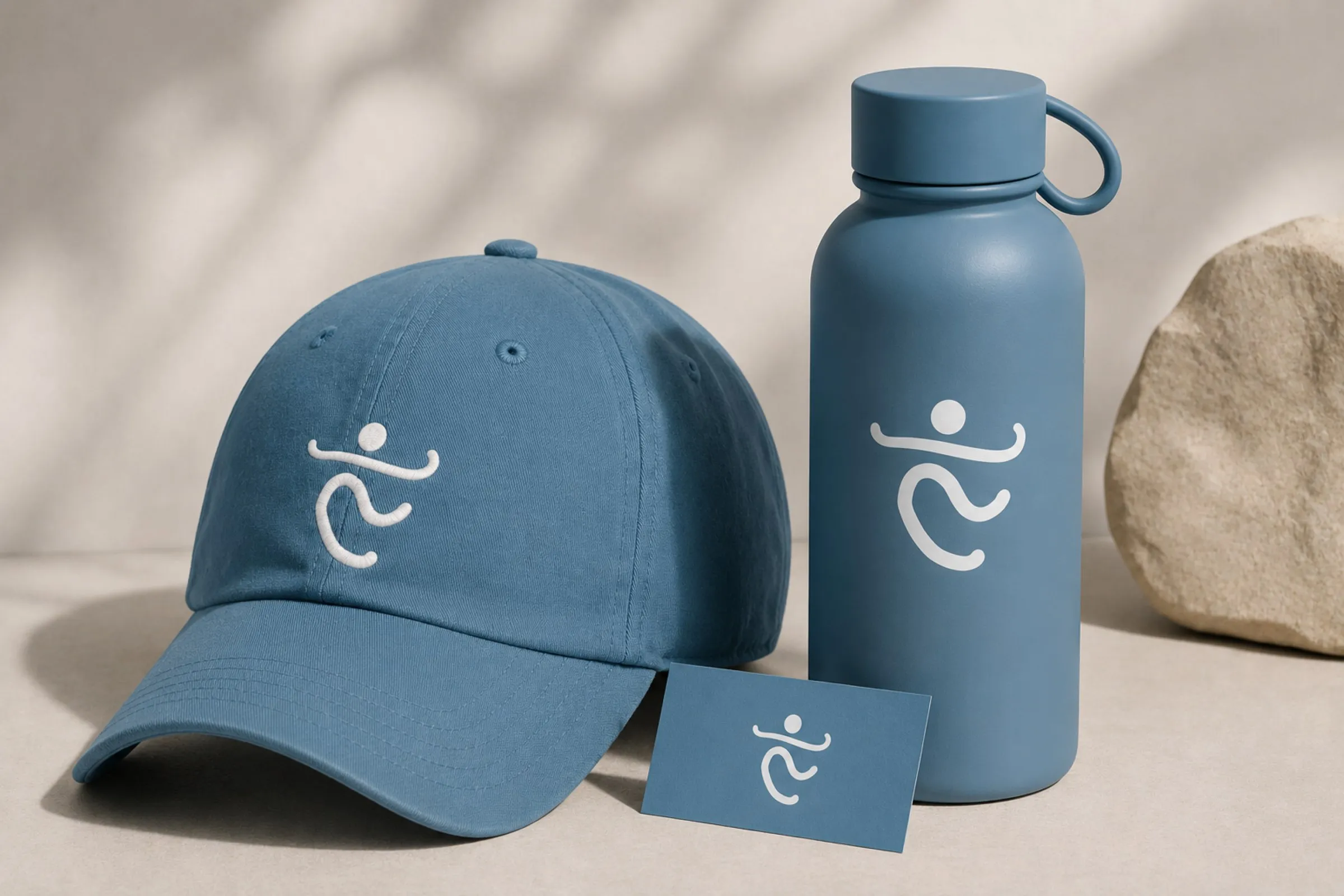 A blue cap, a blue bottle and a card, each carrying the white Ben’s Way logo