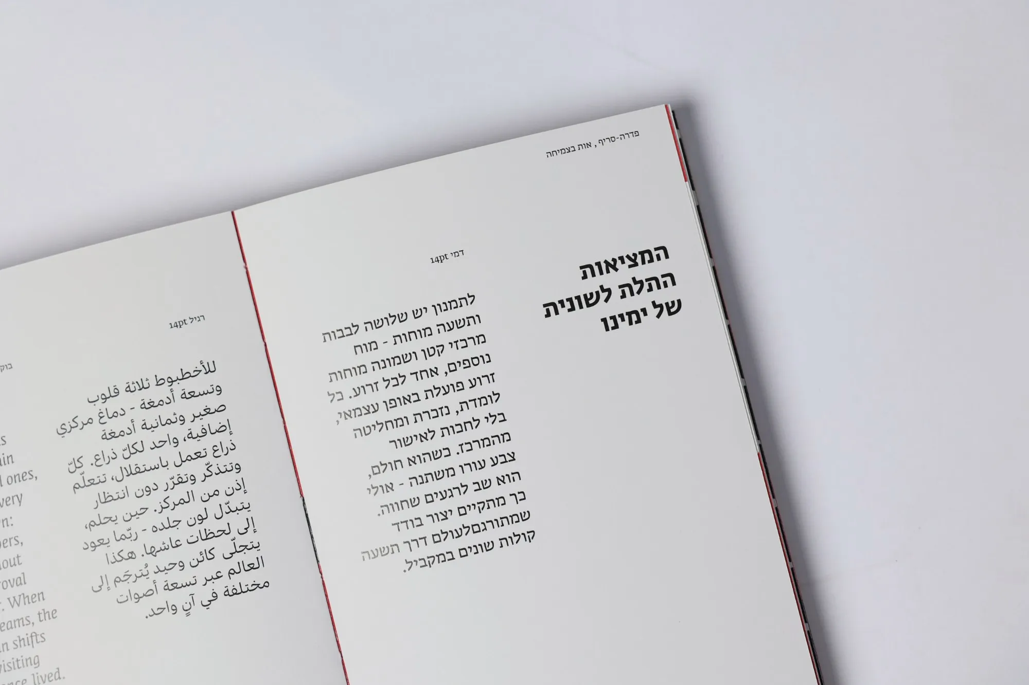 A spread of running text set in Hebrew, Arabic and English at the same size, side by side